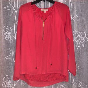 Michael Kors bright coral zip up long sleeve blouse with gold detail